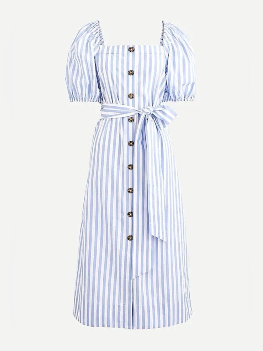 J. Crew Blue and White Striped Puff-Sleeve Midi Dress
